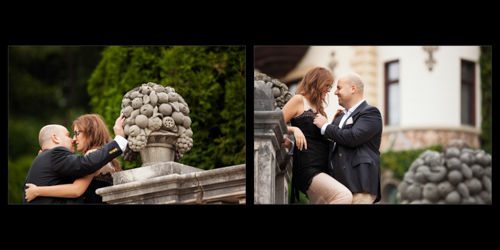 Engaged couple being affectionate at the Peleș Castle