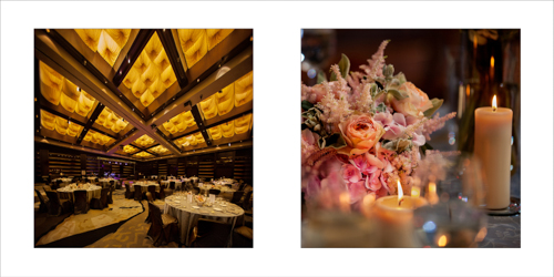 Pastel flowers and candles wedding reception table arrangement at Radisson Blu Hotel Bucharest