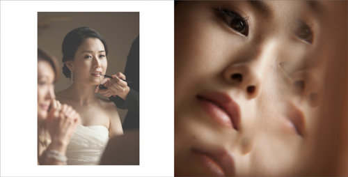 Bride putting on make-up while looking in the mirror together with her girlfriends